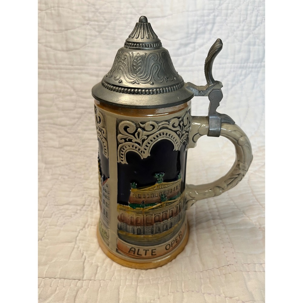 Vintage Frankfurt Germany Beer Stein Lidded Pewter Top Alte Oper Dom Relief